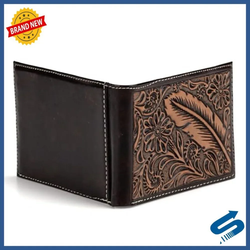 Genuine Leather Bifold Wallet with Feather Embossed Design